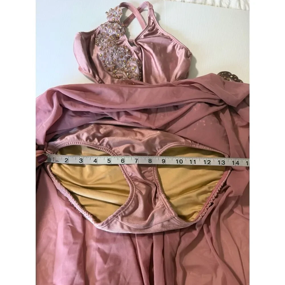 Pink custom solo Dance costume embellished asymmetrical Leotard dress SA adult